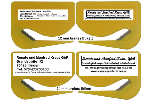 5 / 10 St. Brieföffner mit integrierter Klinge aus Kunststoff und Werbefeld gelb 70x52x3 mm