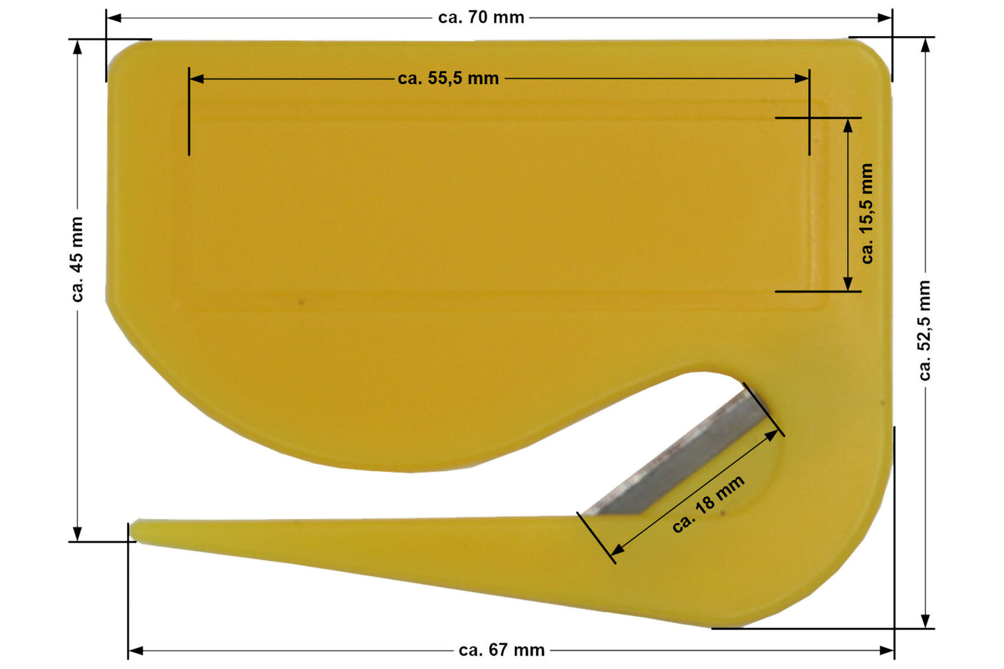10 Stück Brieföffner mit integrierter Klinge aus Kunststoff und Werbefeld gelb 70x55x3 mm