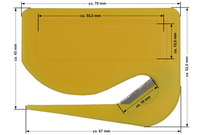 10 Stück Brieföffner mit integrierter Klinge aus Kunststoff und Werbefeld gelb 70x55x3 mm