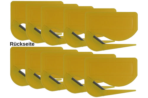10 Stück Brieföffner mit integrierter Klinge aus Kunststoff und Werbefeld gelb 70x55x3 mm