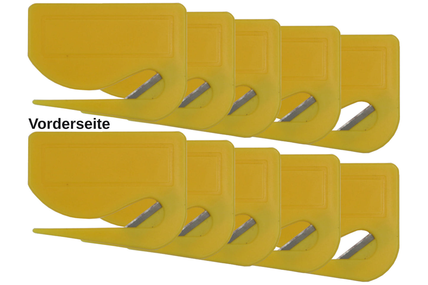 10 Stück Brieföffner mit integrierter Klinge aus Kunststoff und Werbefeld gelb 70x55x3 mm