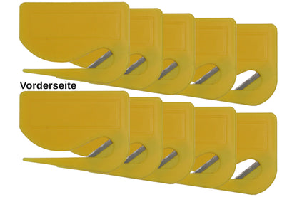 10 Stück Brieföffner mit integrierter Klinge aus Kunststoff und Werbefeld gelb 70x55x3 mm