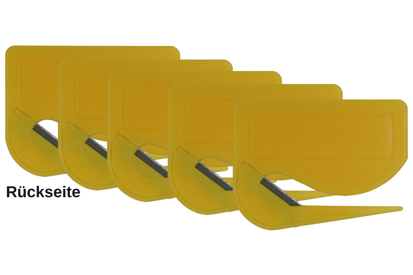 5 Stück Brieföffner mit integrierter Klinge aus Kunststoff und Werbefeld gelb 70x55x3 mm