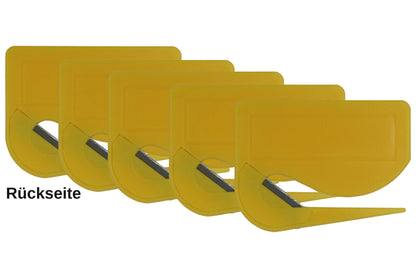 5 Stück Brieföffner mit integrierter Klinge aus Kunststoff und Werbefeld gelb 70x55x3 mm