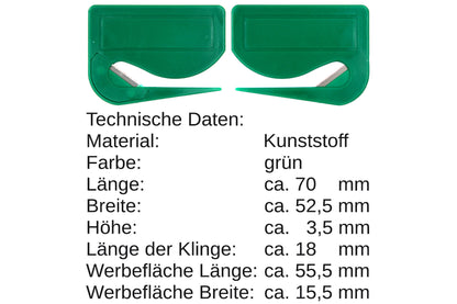 10 Stück Brieföffner mit integrierter Klinge aus Kunststoff und Werbefeld grün 70x55x3 mm