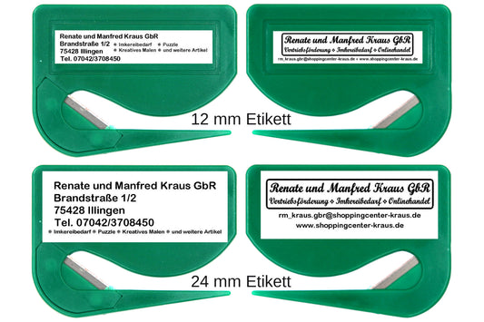 10 Stück Brieföffner mit integrierter Klinge aus Kunststoff und Werbefeld grün 70x55x3 mm
