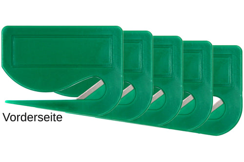10 Stück Brieföffner mit integrierter Klinge aus Kunststoff und Werbefeld grün 70x55x3 mm
