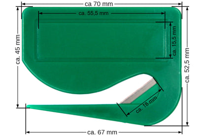 10 Stück Brieföffner mit integrierter Klinge aus Kunststoff und Werbefeld grün 70x55x3 mm
