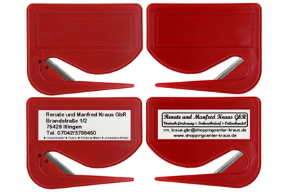10 Stück Brieföffner mit integrierter Klinge aus Kunststoff und Werbefeld rot 70x55x3 mm