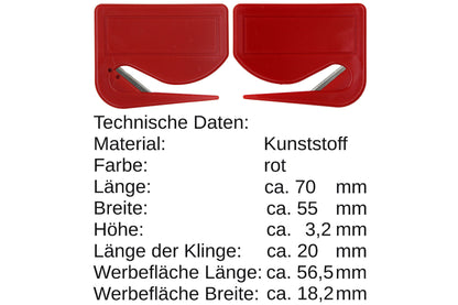 10 Stück Brieföffner mit integrierter Klinge aus Kunststoff und Werbefeld rot 70x55x3 mm