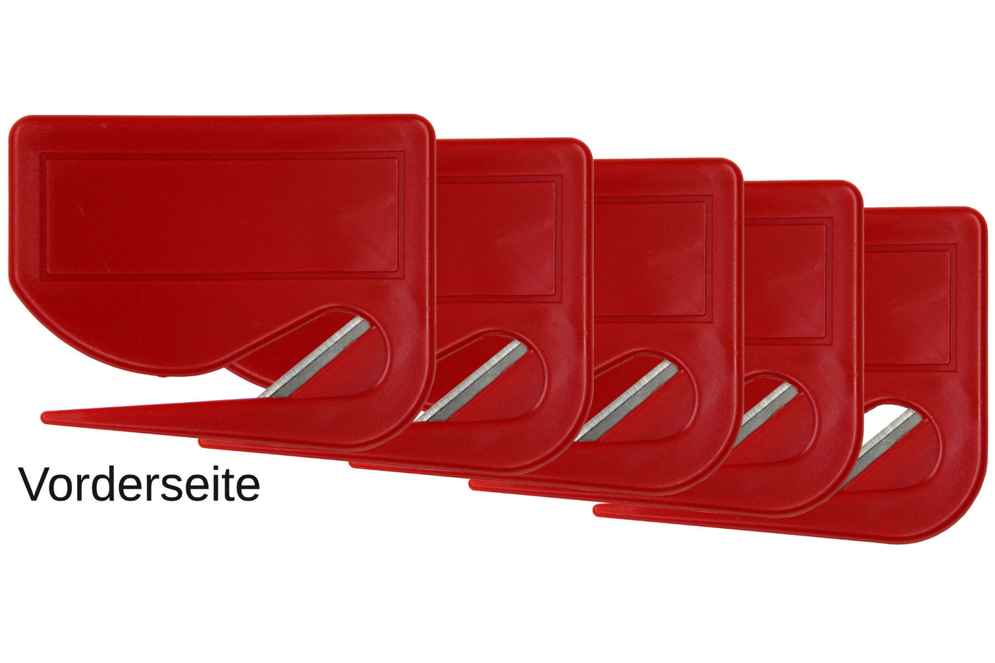 10 Stück Brieföffner mit integrierter Klinge aus Kunststoff und Werbefeld rot 70x55x3 mm