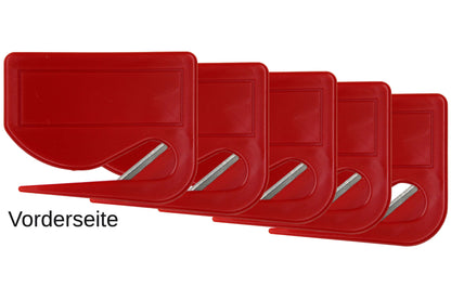 10 Stück Brieföffner mit integrierter Klinge aus Kunststoff und Werbefeld rot 70x55x3 mm