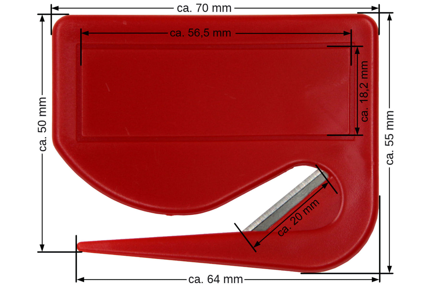 10 Stück Brieföffner mit integrierter Klinge aus Kunststoff und Werbefeld rot 70x55x3 mm