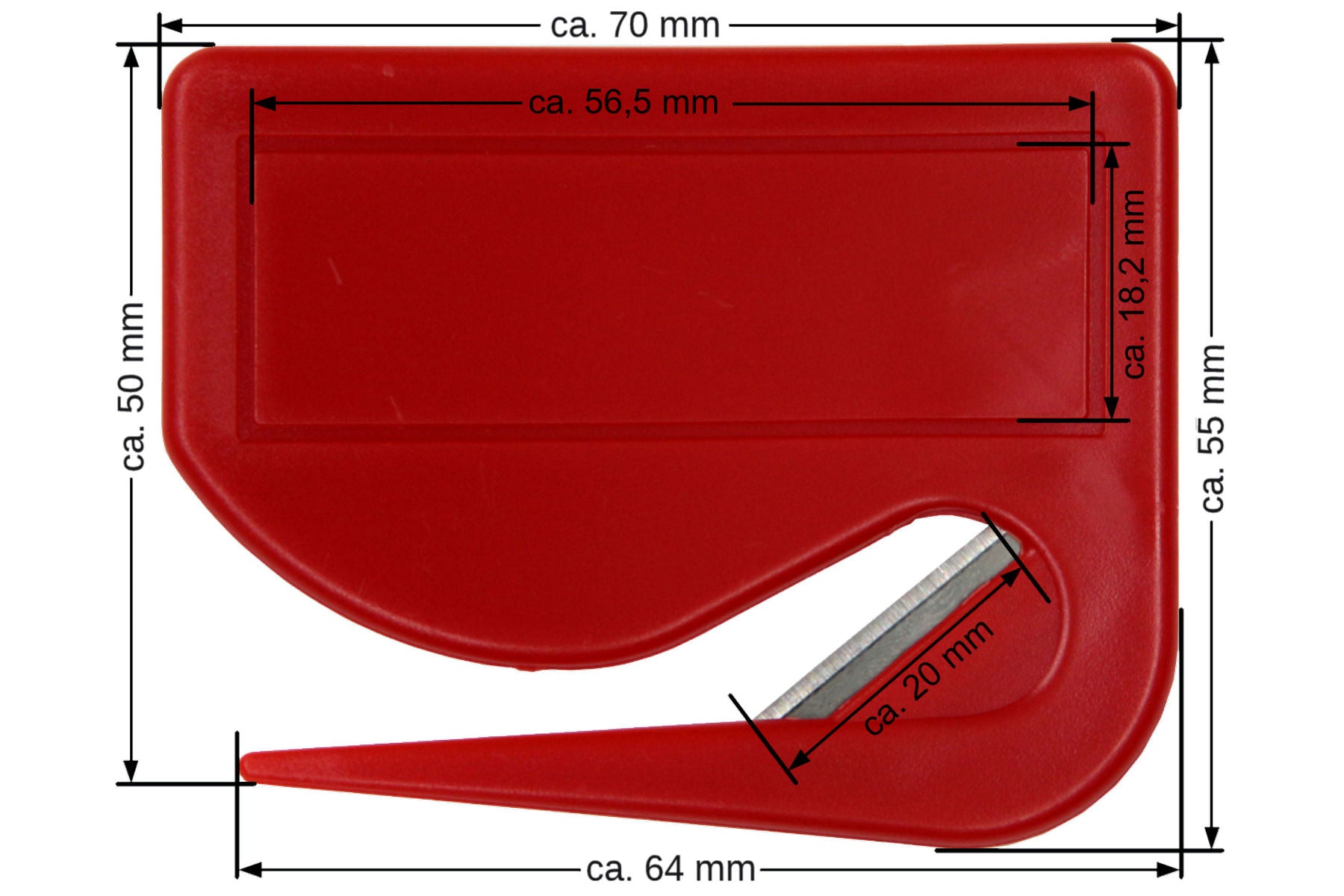 10 Stück Brieföffner mit integrierter Klinge aus Kunststoff und Werbefeld rot 70x55x3 mm