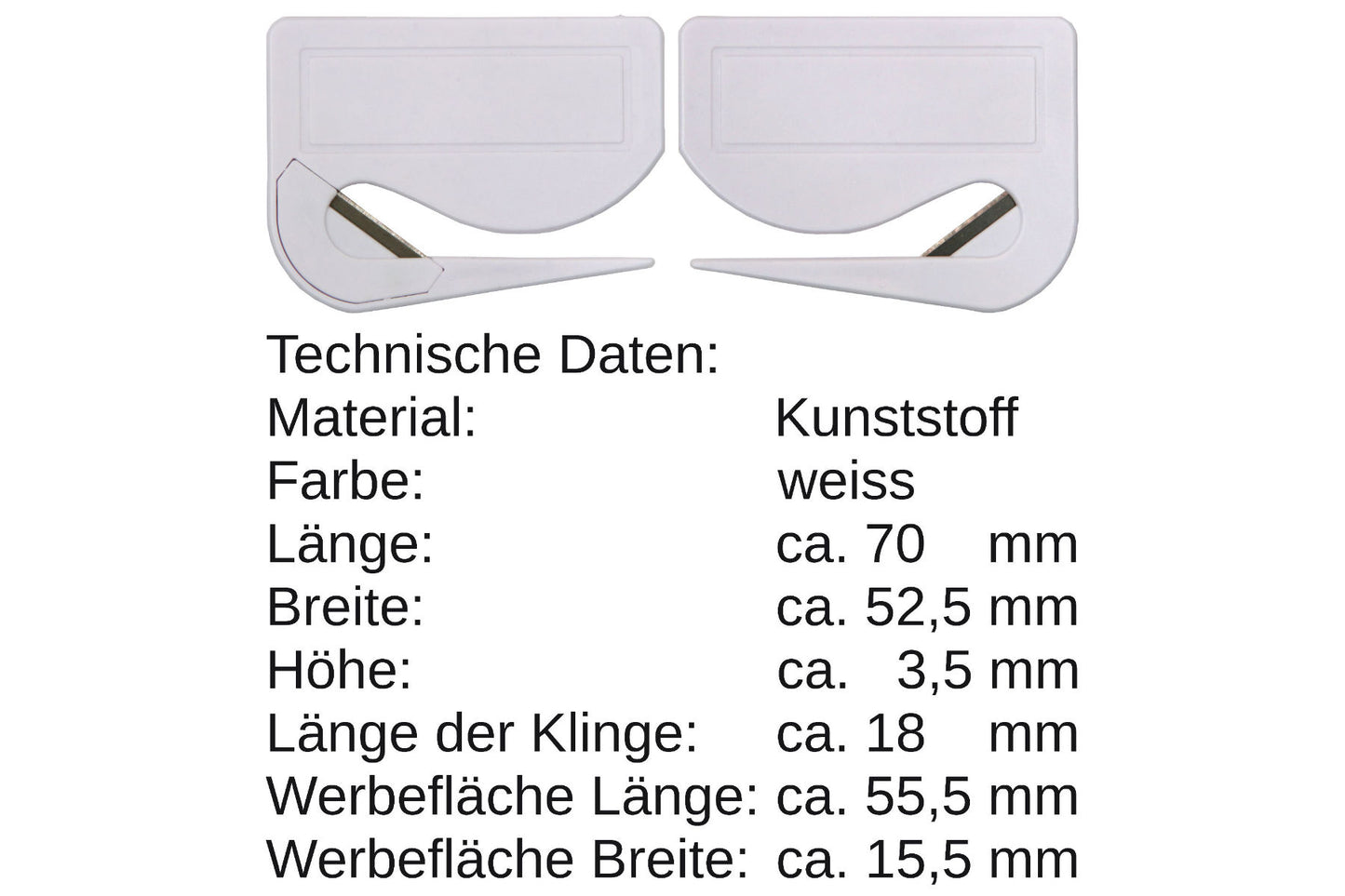 5 Stück Brieföffner mit integrierter Klinge aus Kunststoff und Werbefeld weiß 70x55x3 mm