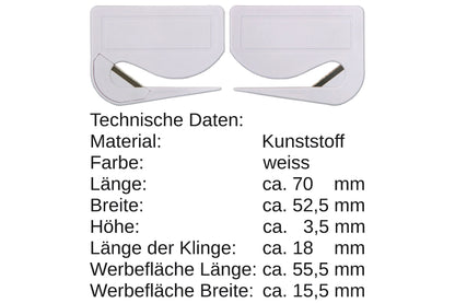 5 Stück Brieföffner mit integrierter Klinge aus Kunststoff und Werbefeld weiß 70x55x3 mm