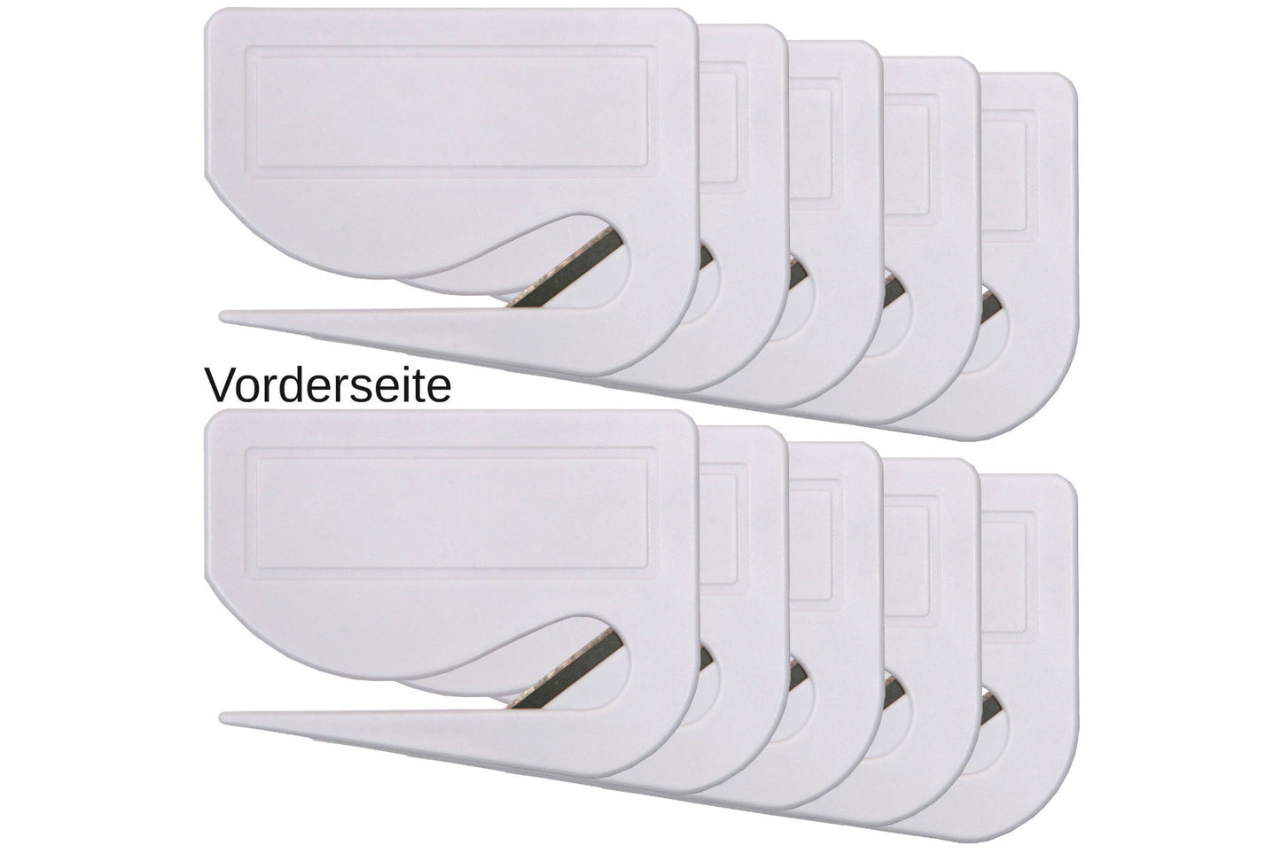10 Stück Brieföffner mit integrierter Klinge aus Kunststoff und Werbefeld weiß 70x55x3 mm (Kopie)