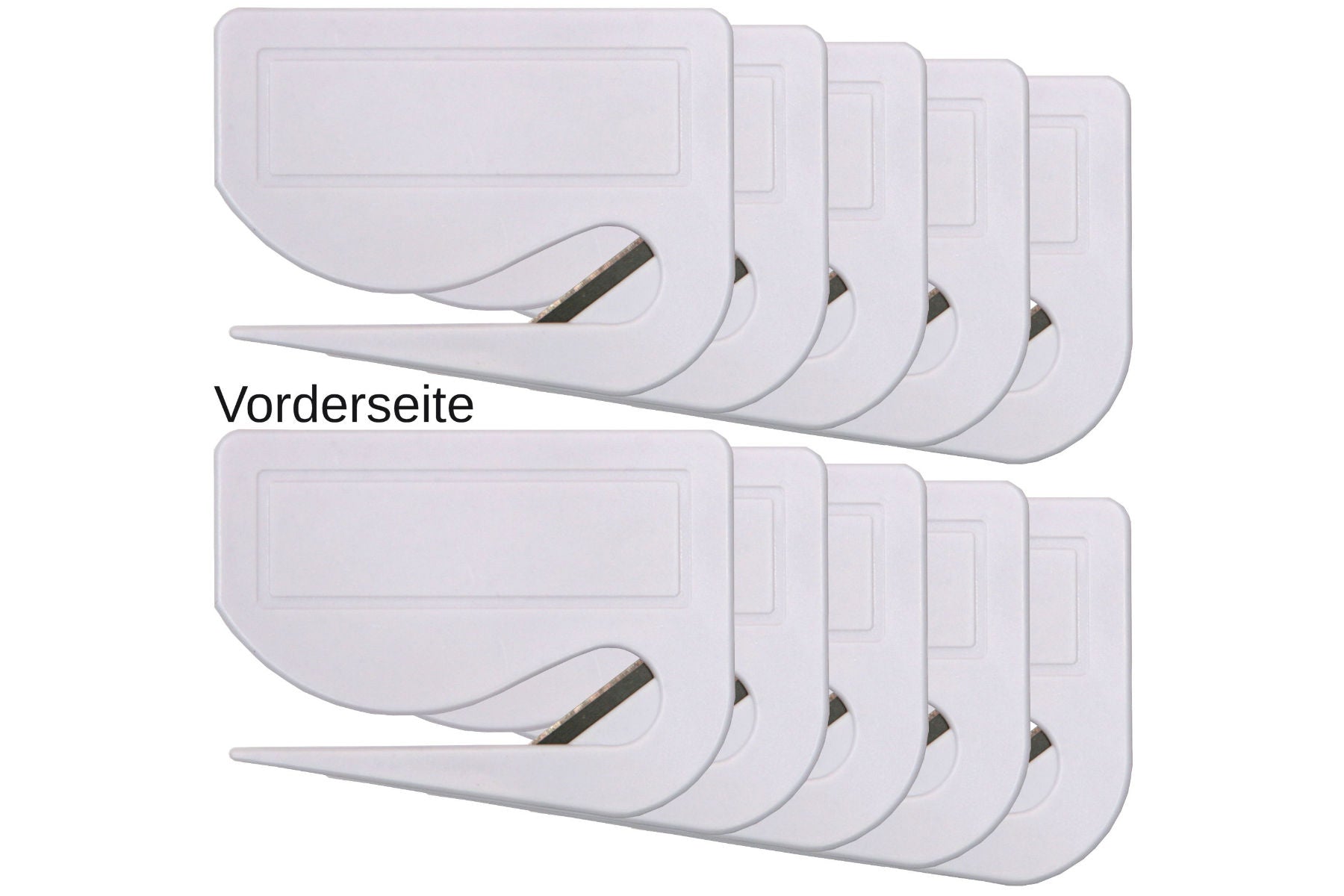 10 Stück Brieföffner mit integrierter Klinge aus Kunststoff und Werbefeld weiß 70x55x3 mm