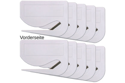 10 Stück Brieföffner mit integrierter Klinge aus Kunststoff und Werbefeld weiß 70x55x3 mm (Kopie)