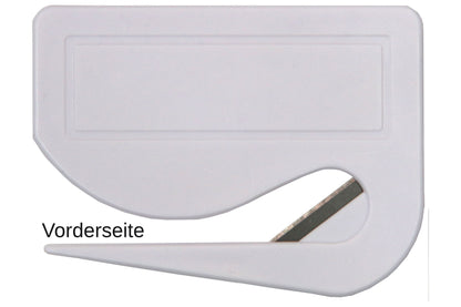 5 Stück Brieföffner mit integrierter Klinge aus Kunststoff und Werbefeld weiß 70x55x3 mm