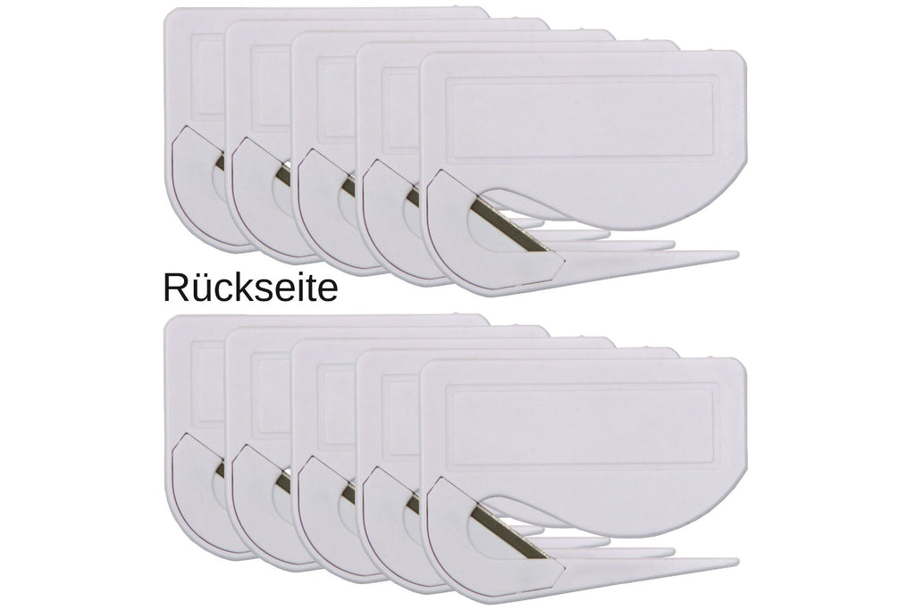 10 Stück Brieföffner mit integrierter Klinge aus Kunststoff und Werbefeld weiß 70x55x3 mm