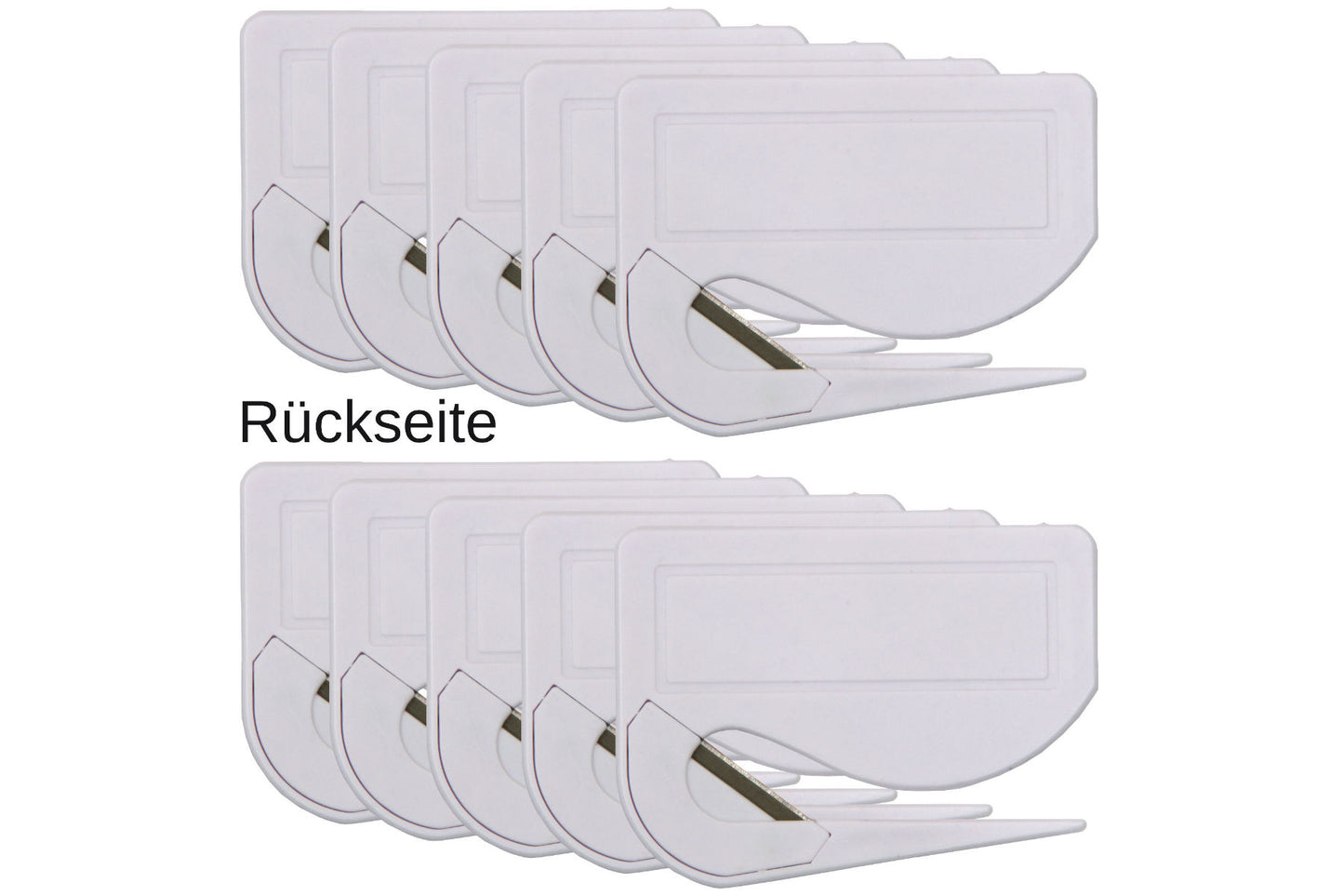 10 Stück Brieföffner mit integrierter Klinge aus Kunststoff und Werbefeld weiß 70x55x3 mm (Kopie)