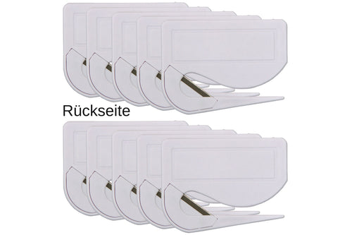 10 Stück Brieföffner mit integrierter Klinge aus Kunststoff und Werbefeld weiß 70x55x3 mm