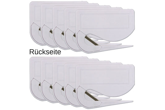 10 Stück Brieföffner mit integrierter Klinge aus Kunststoff und Werbefeld weiß 70x55x3 mm (Kopie)