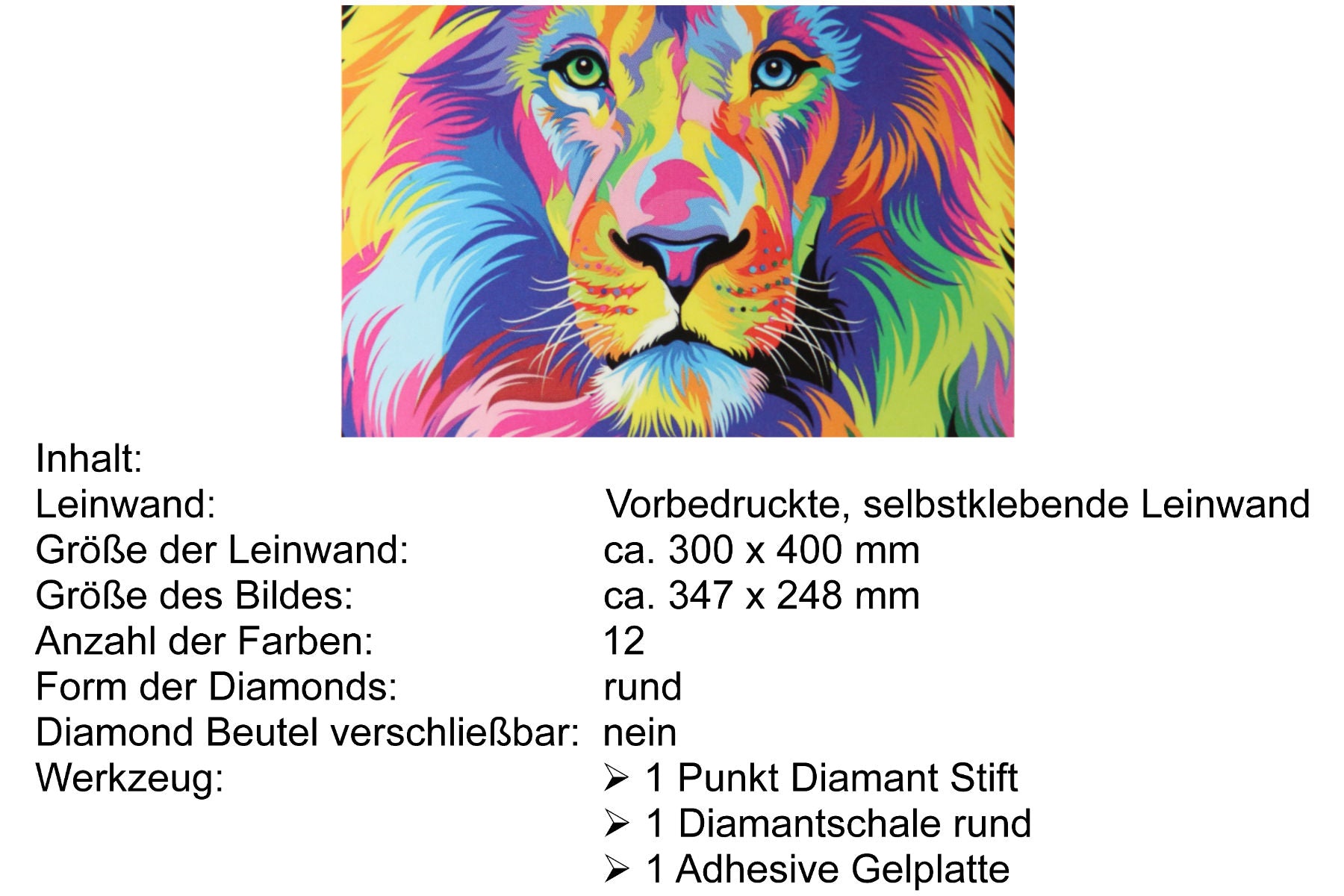 Löwenkopf in Multicolor mit 12 Farben Diamond Painting 40 x 30 cm CR2011-21GE