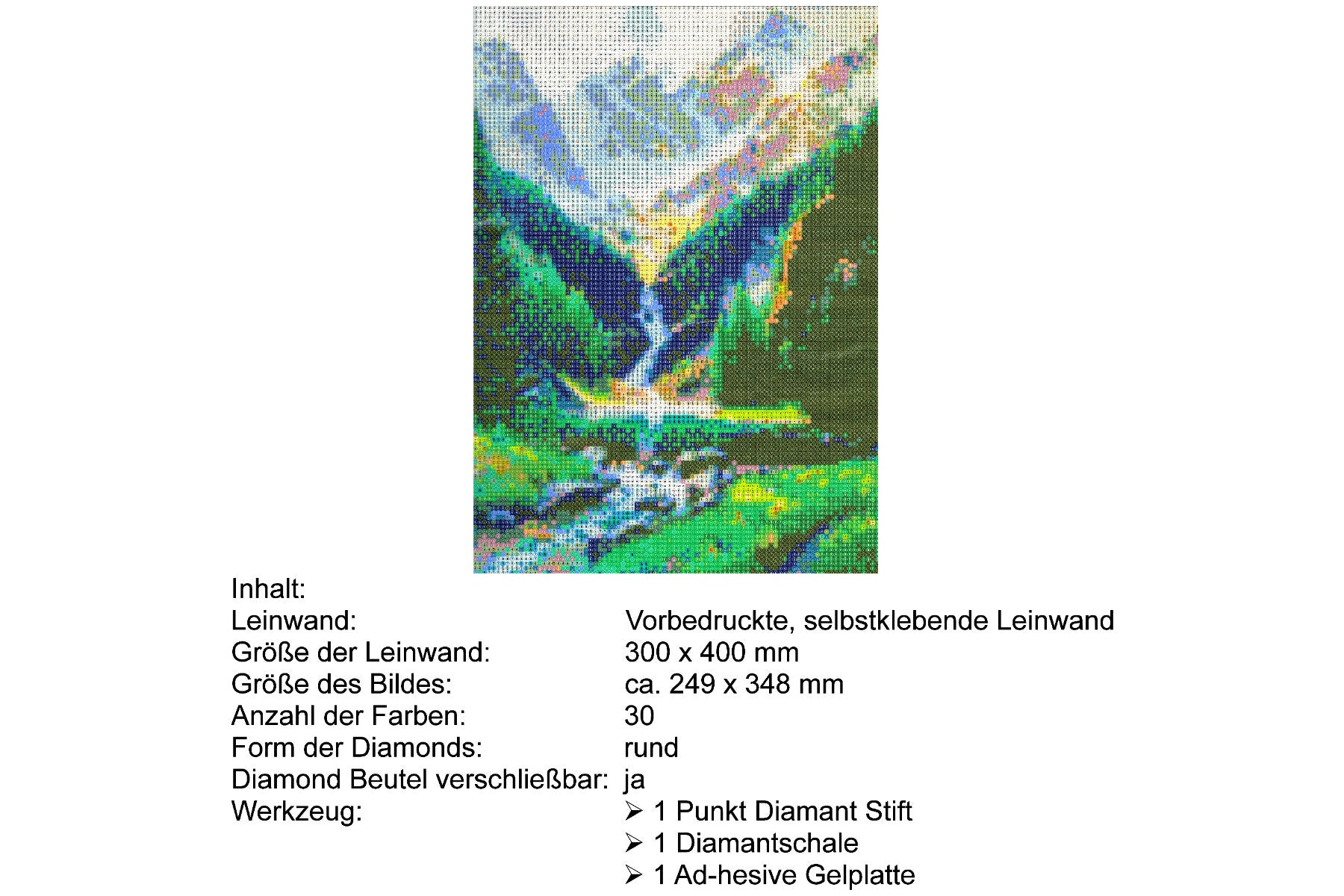 Wasserfall im Gebirgstal Diamond Painting 30 Farben 300 x 400 mm  CY-FJ00104