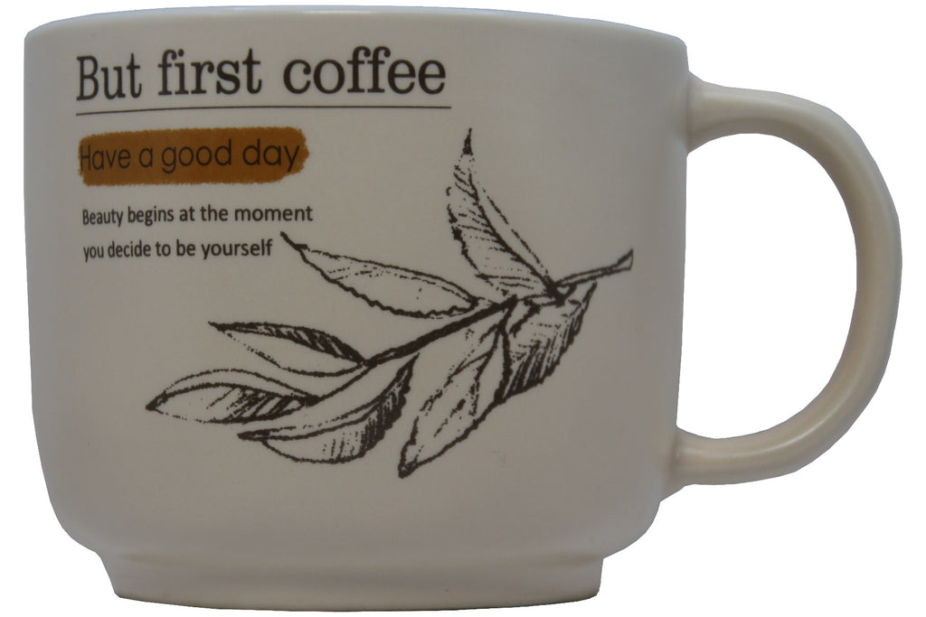Jumbo Tasse XL 400 ml cremefarbig mit Schriftzug "But First Coffee"