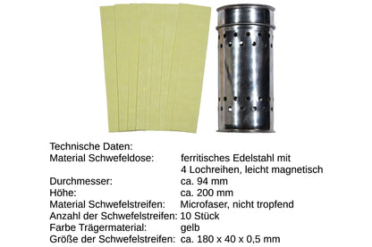Edelstahl Schwefeldose Set mit 10 Schwefelstreifen gelb zur Desinfektion bei Wachsmotte