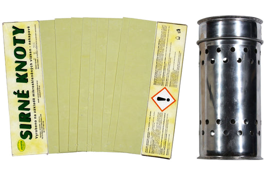 Edelstahl Schwefeldose Set mit 400 g Schwefelstreifen gelb zur Desinfektion bei Wachsmotte