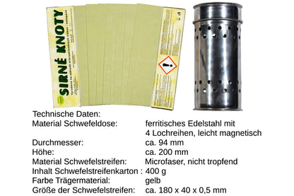 Edelstahl Schwefeldose Set mit 400 g Schwefelstreifen gelb zur Desinfektion bei Wachsmotte