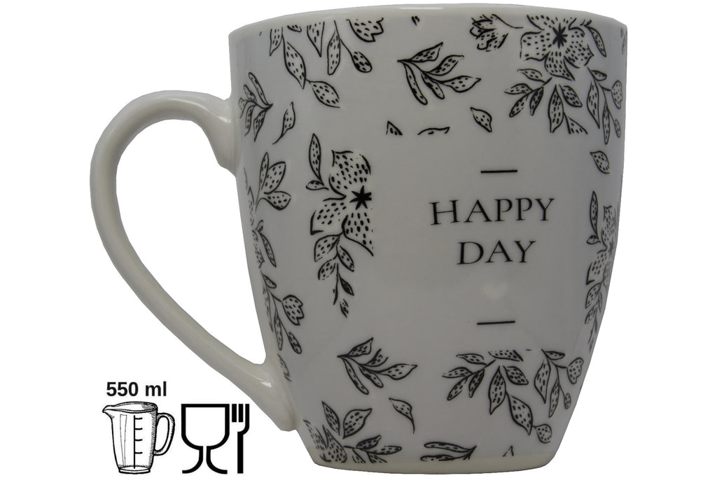 Jumbo Tasse XXL 550 ml "HAPPAY DAY" hellgrau mit schwarzen Blattumrisse
