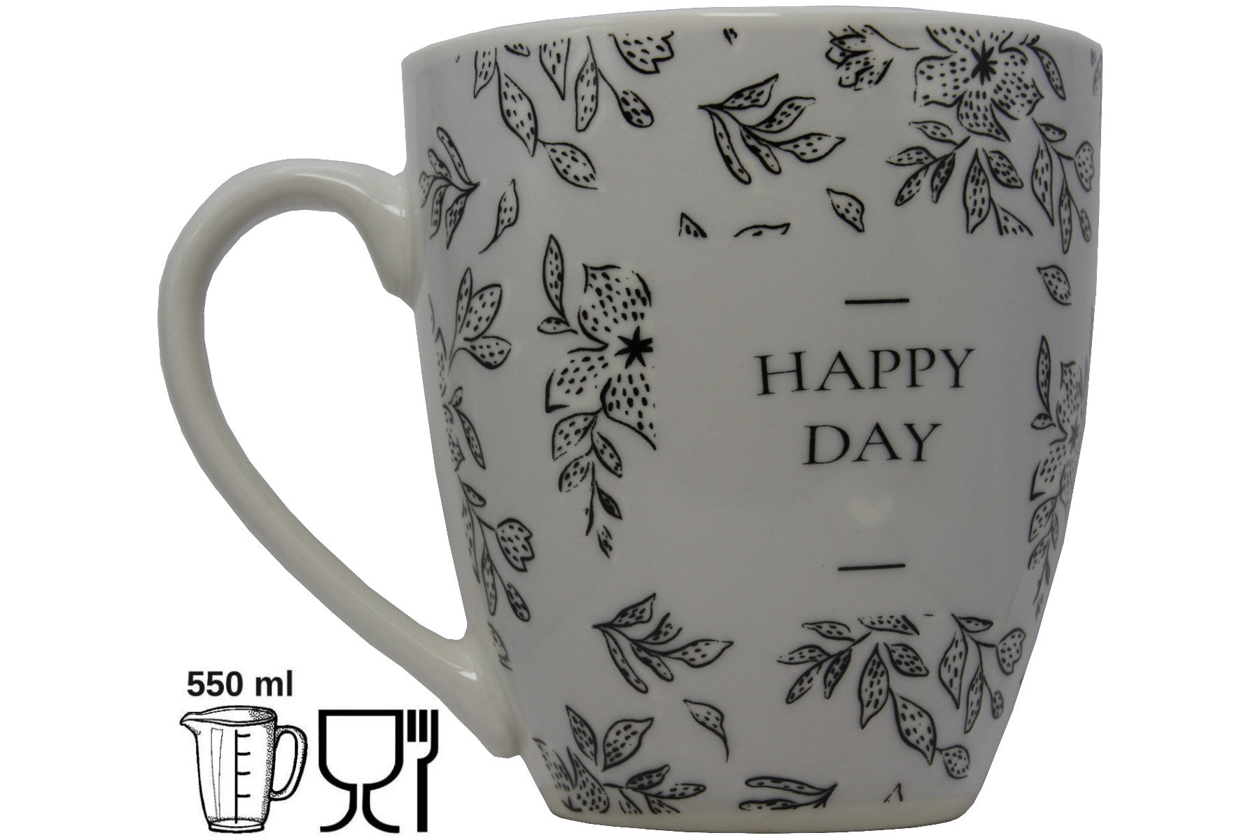 Jumbo Tasse XXL 550 ml "HAPPAY DAY" hellgrau mit schwarzen Blattumrisse