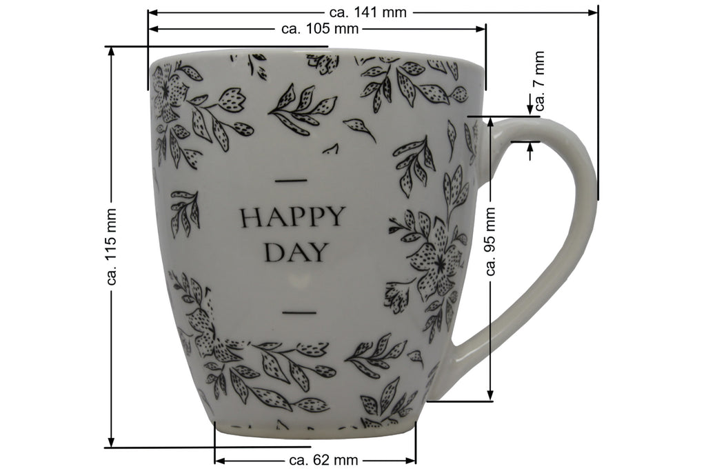 Jumbo Tasse XXL 550 ml "HAPPAY DAY" hellgrau mit schwarzen Blattumrisse
