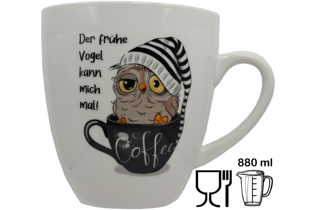 Jumbo Tasse XXL 880 ml Vogel mit Zipfelmütze in Kaffeetasse "Der frühe Vogel kann mich mal"