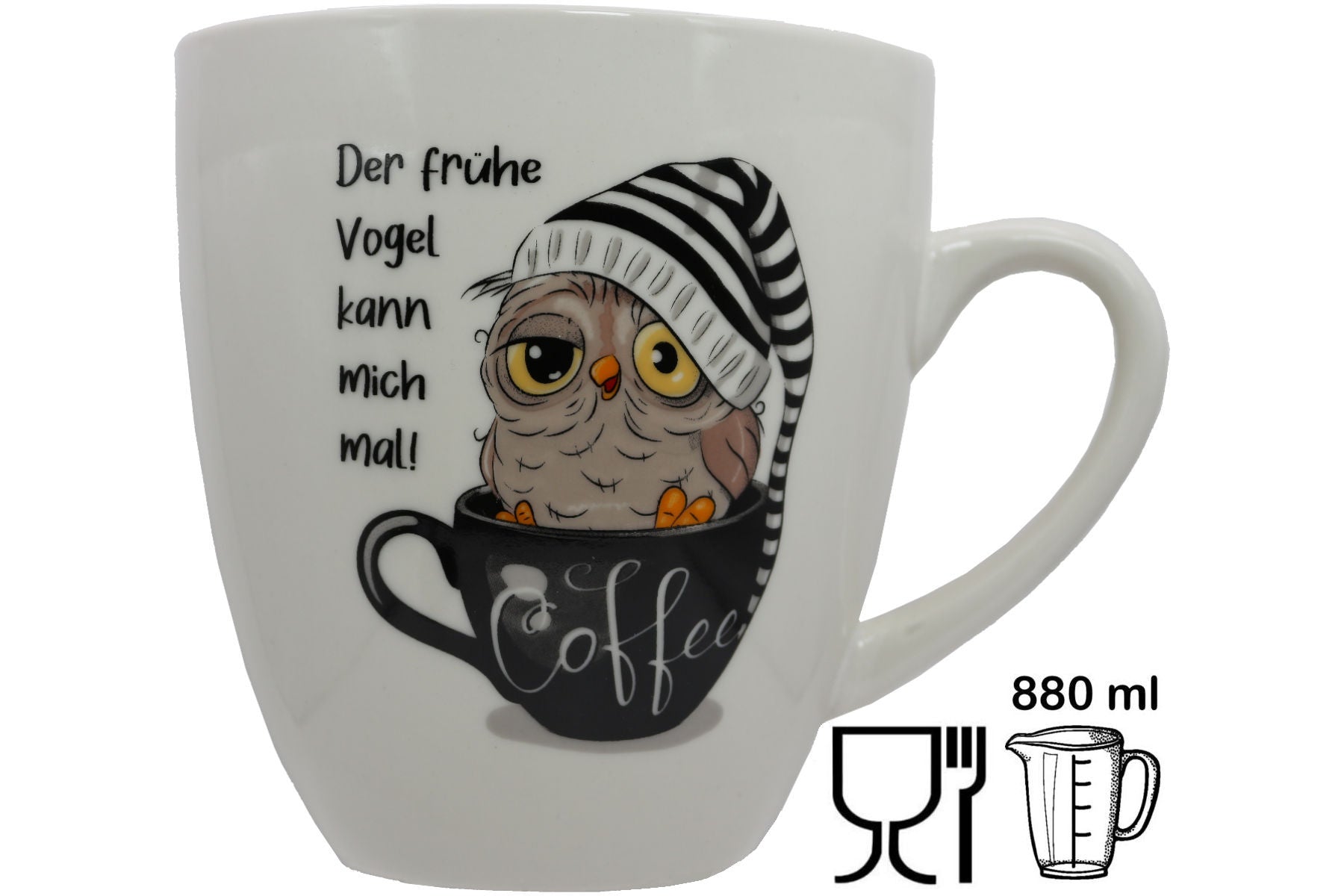 Jumbo Tasse XXL 880 ml Vogel mit Zipfelmütze in Kaffeetasse "Der frühe Vogel kann mich mal"