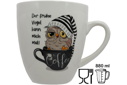 Jumbo Tasse XXL 880 ml Vogel mit Zipfelmütze in Kaffeetasse "Der frühe Vogel kann mich mal"