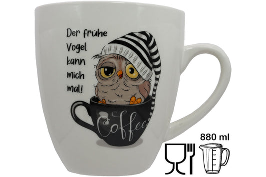 Jumbo Tasse XXL 880 ml Vogel mit Zipfelmütze in Kaffeetasse "Der frühe Vogel kann mich mal"