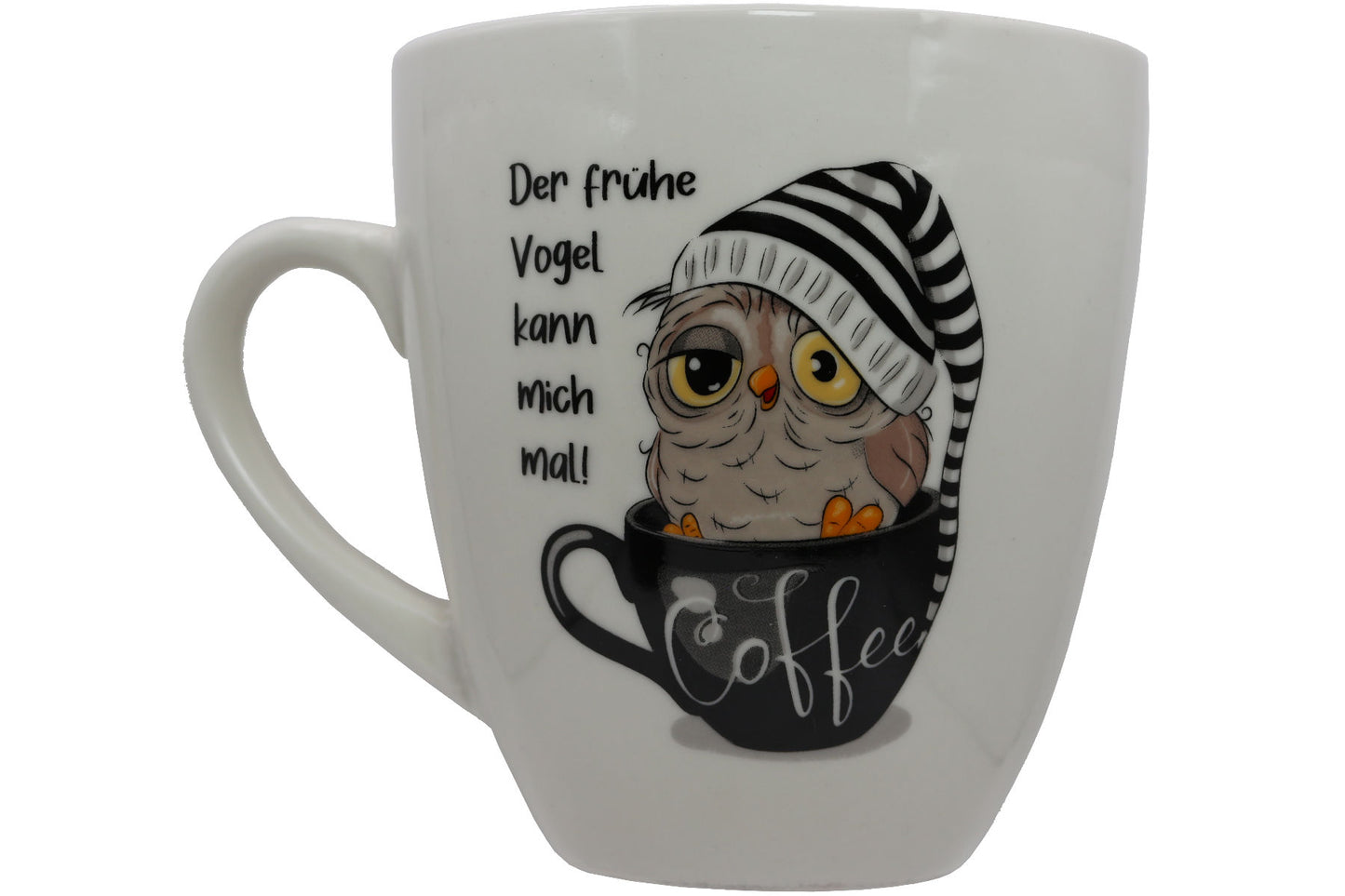 Jumbo Tasse XXL 880 ml Vogel mit Zipfelmütze in Kaffeetasse "Der frühe Vogel kann mich mal"