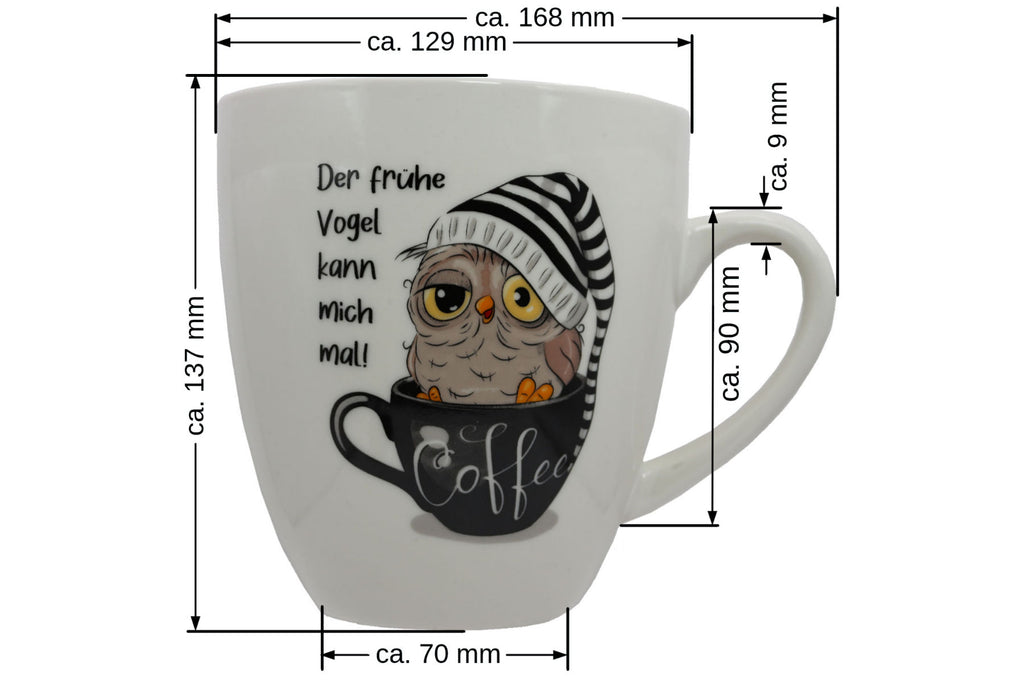 Jumbo Tasse XXL 880 ml Vogel mit Zipfelmütze in Kaffeetasse "Der frühe Vogel kann mich mal"