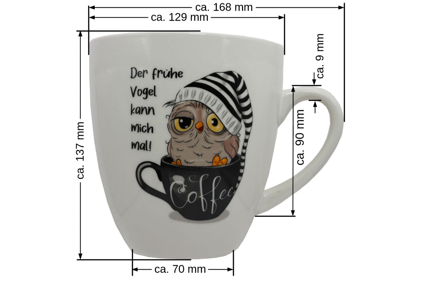 Jumbo Tasse XXL 880 ml Vogel mit Zipfelmütze in Kaffeetasse "Der frühe Vogel kann mich mal"