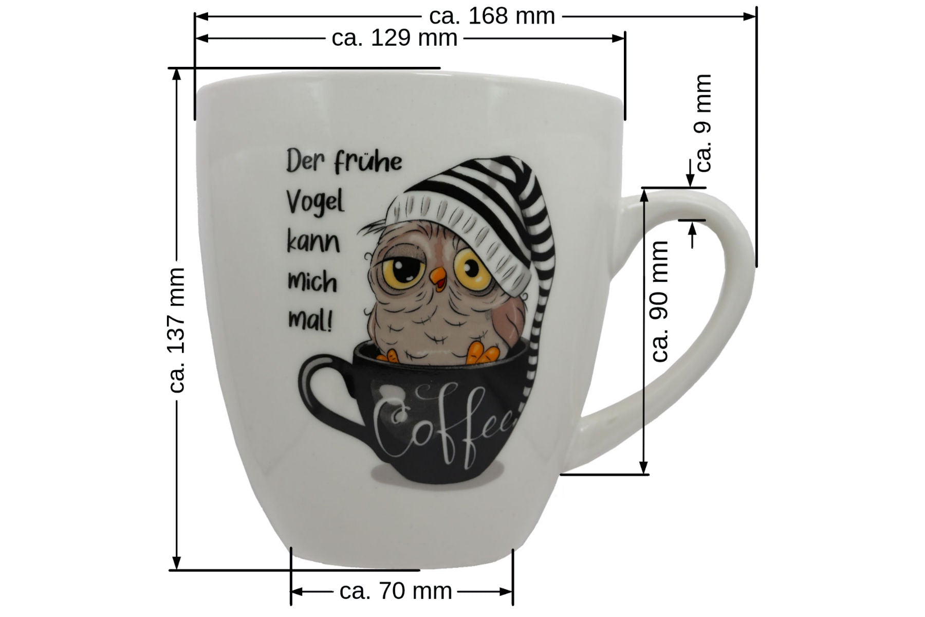 Jumbo Tasse XXL 880 ml Vogel mit Zipfelmütze in Kaffeetasse "Der frühe Vogel kann mich mal"