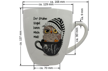 Jumbo Tasse XXL 880 ml Vogel mit Zipfelmütze in Kaffeetasse "Der frühe Vogel kann mich mal"