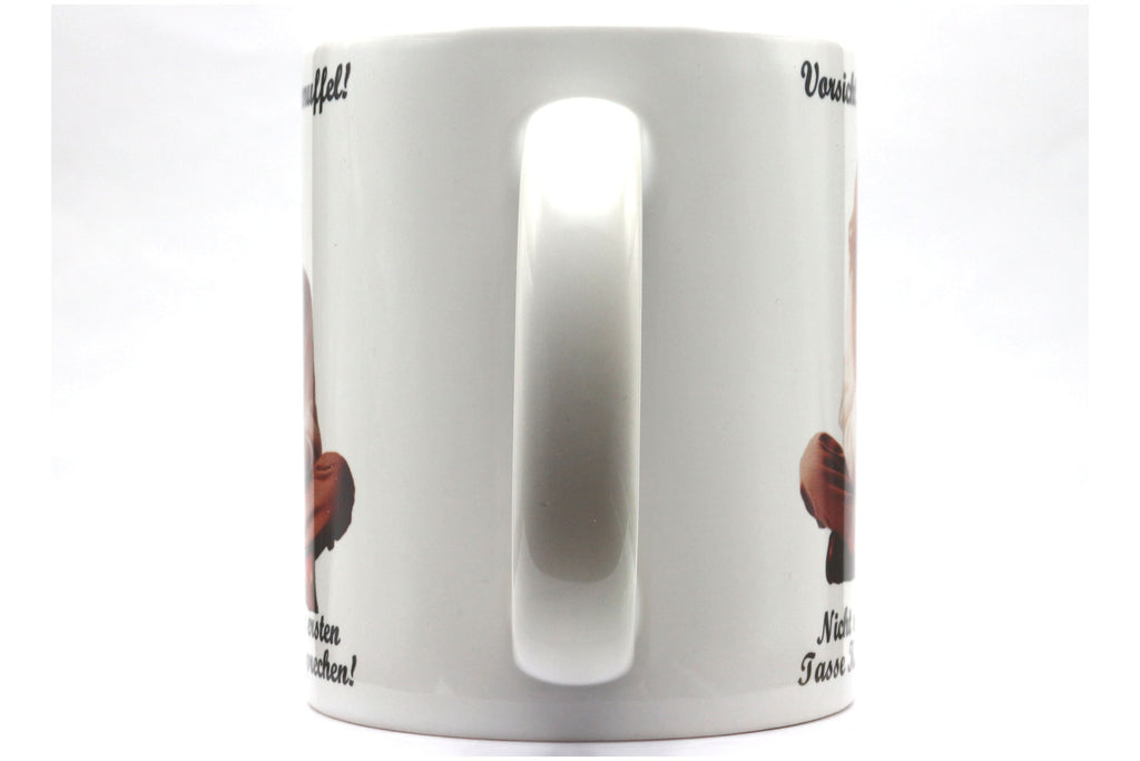 Jumbo Tasse XXL 330 ml mit mürrische Frau im Yogasitz und Schriftzug "Vorsicht! Morgenmuffel! ... " V2