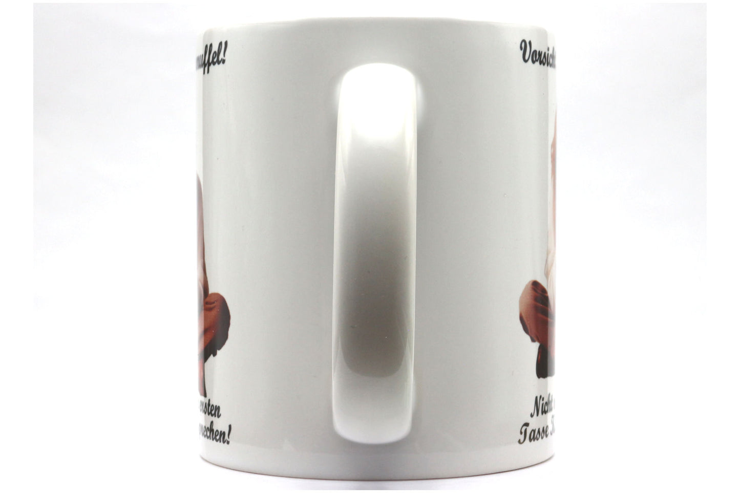 Jumbo Tasse XXL 330 ml mit mürrische Frau im Yogasitz und Schriftzug "Vorsicht! Morgenmuffel! ... " V2