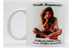 Jumbo Tasse XXL 330 ml mit mürrische Frau im Yogasitz und Schriftzug "Vorsicht! Morgenmuffel! ... " V2