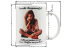 Jumbo Tasse XXL 330 ml mit mürrische Frau im Yogasitz und Schriftzug "Vorsicht! Morgenmuffel! ... " V2